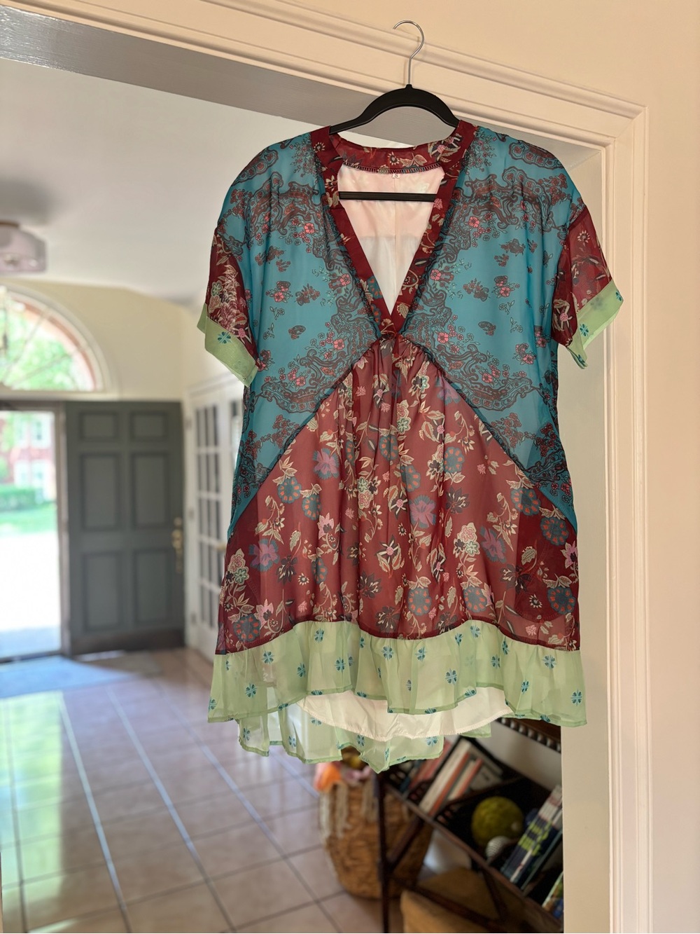 Boho Babydoll Tunic Top Sheer Floral Patchwork Fairycore Cottagecore L